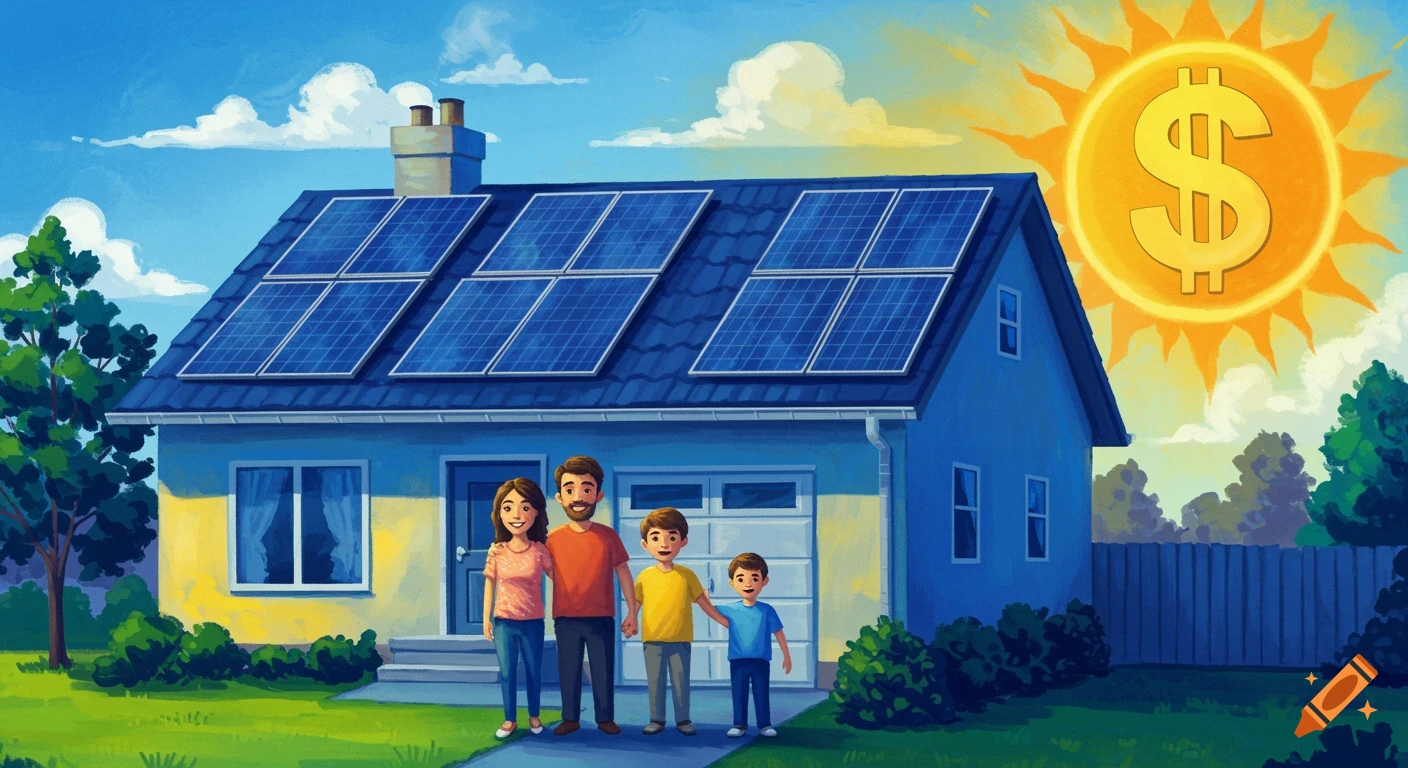 Illustration of a family in front of a house with solar panels under a sun shaped like a dollar sign.