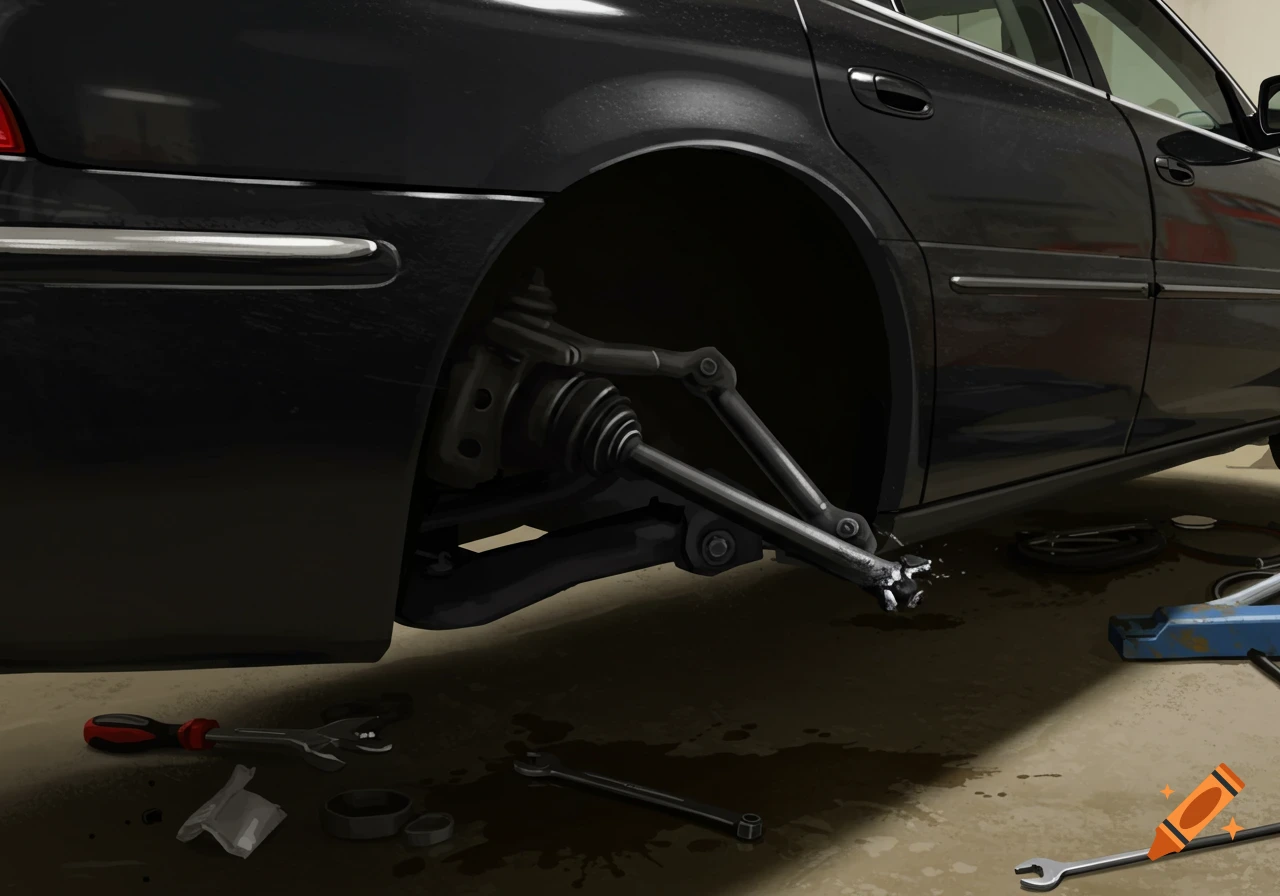 Close-up of a black car's rear suspension with a broken tie rod and tools on the floor.
