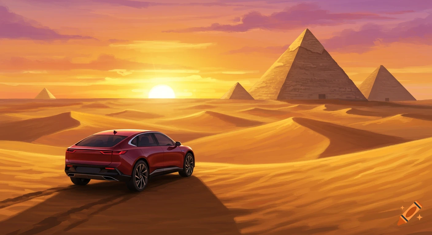 Red car drives through a desert with pyramids at sunset, digital art.