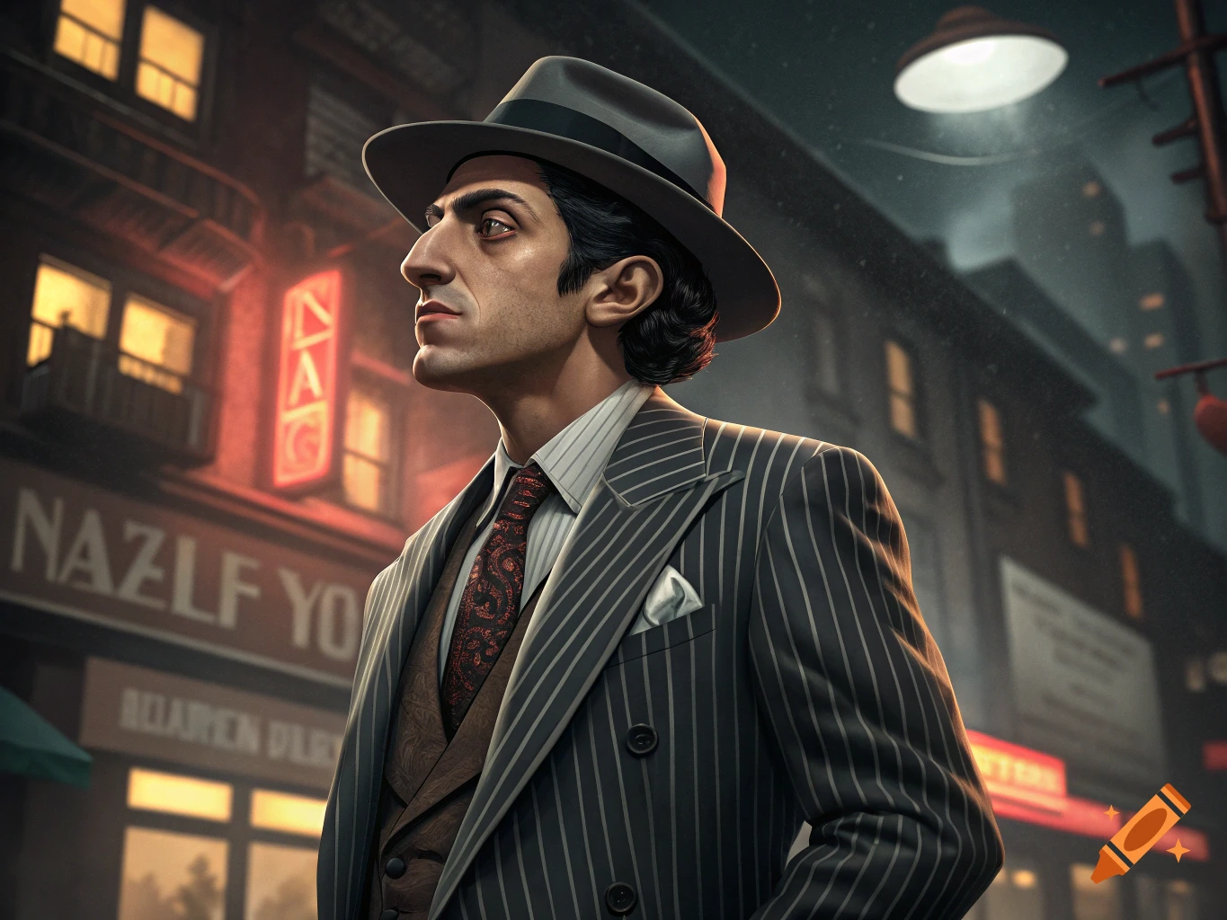 Stylized portrait of a man in a pinstripe suit and fedora on a city street.