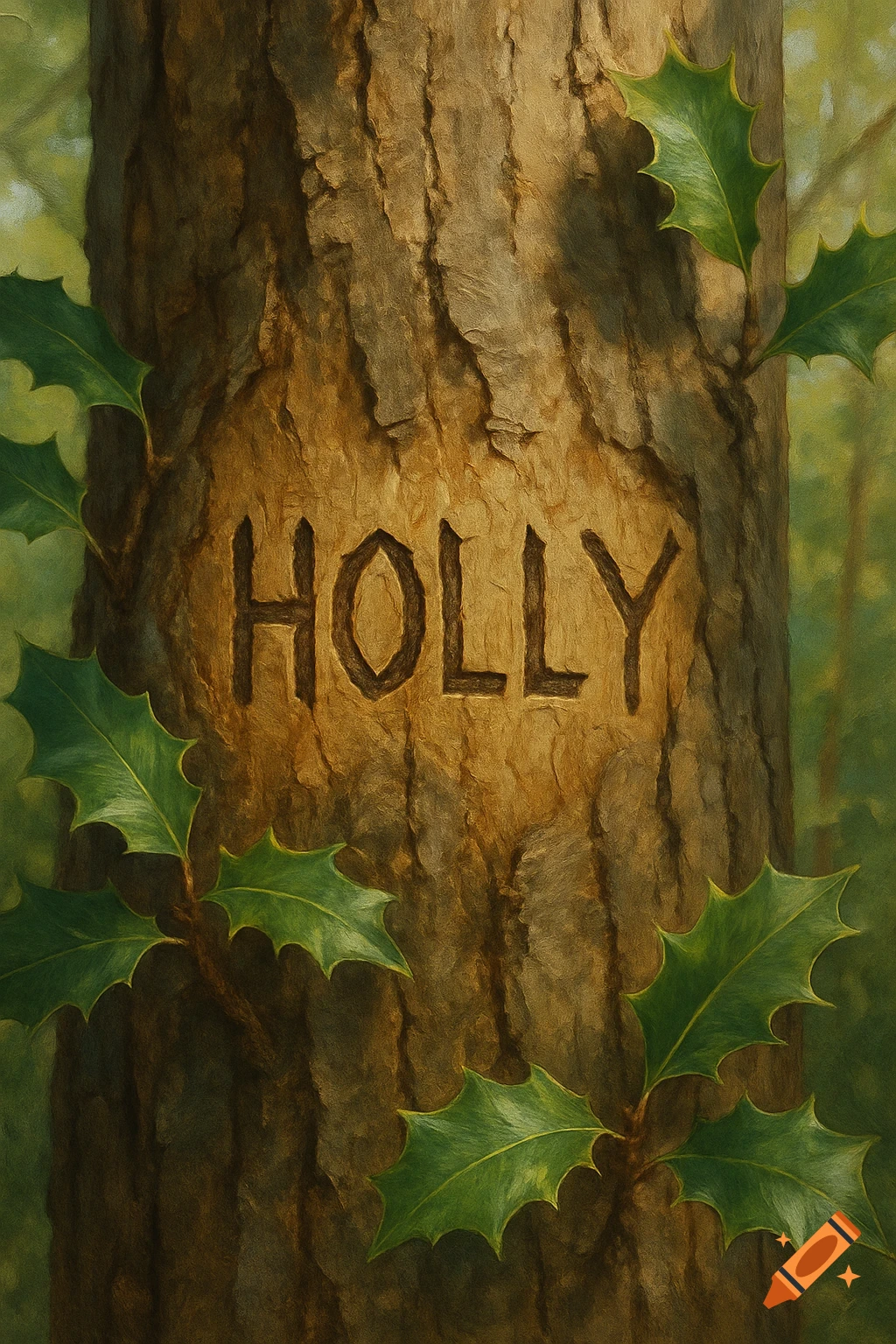The name HOLLY carved into tree bark, surrounded by green leaves. Detailed painting.