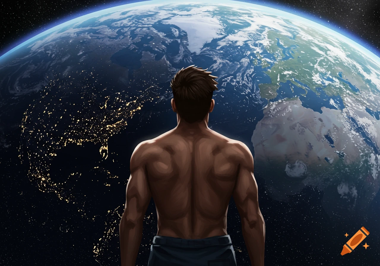 A man stands with his back to the viewer, gazing at Earth from space.