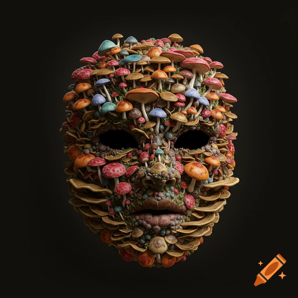 A mask resembling a face, covered entirely in various types of mushrooms and fungi on a dark background.