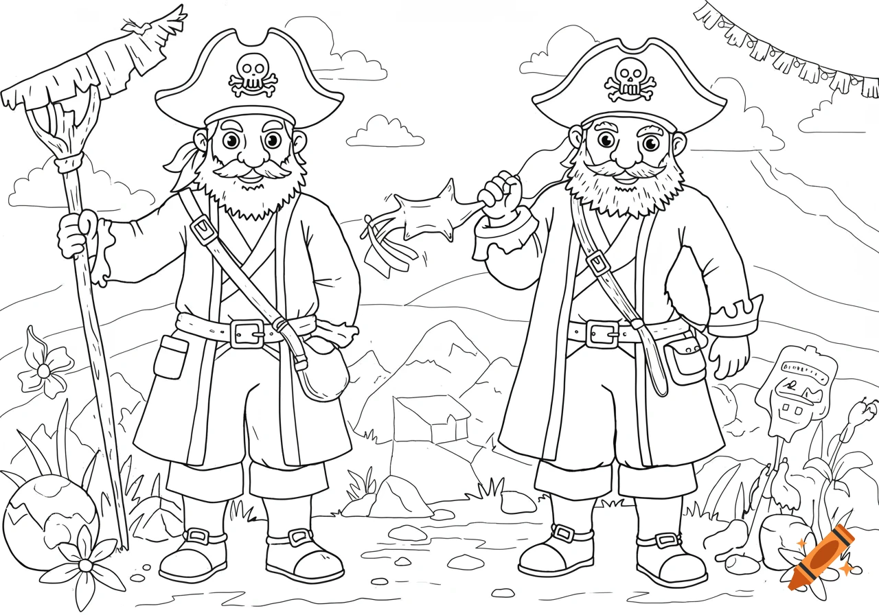 Coloring page illustration of two cartoon pirates