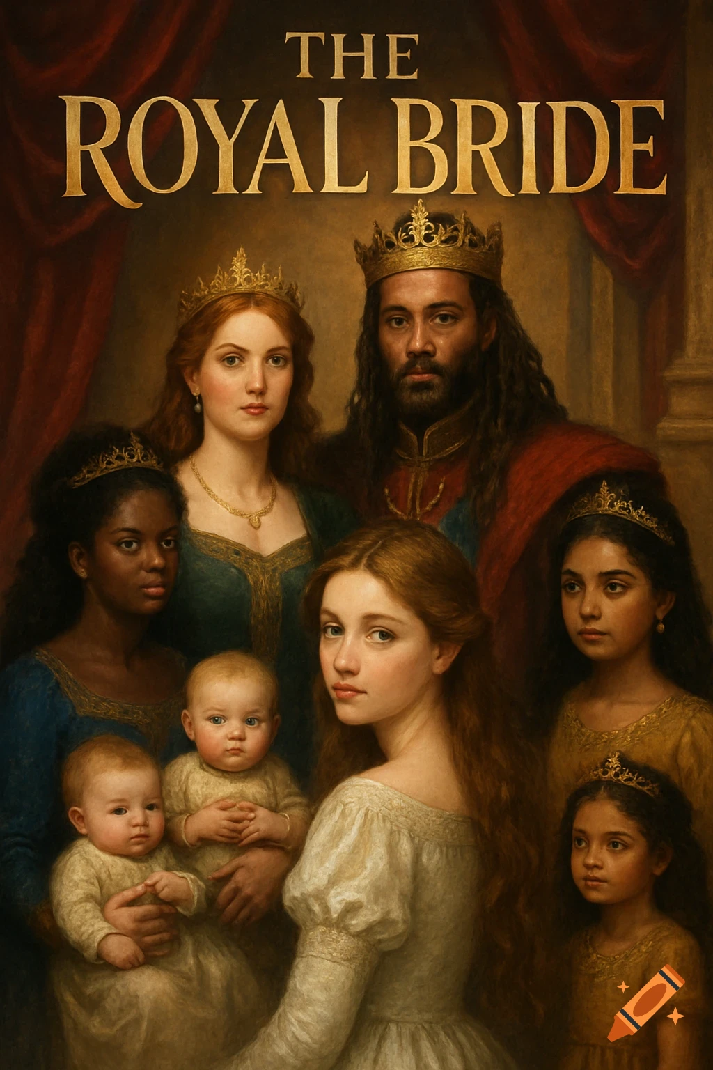 Painting of a royal family including a king, queen, princesses, and baby princes, with text "THE ROYAL BRIDE"