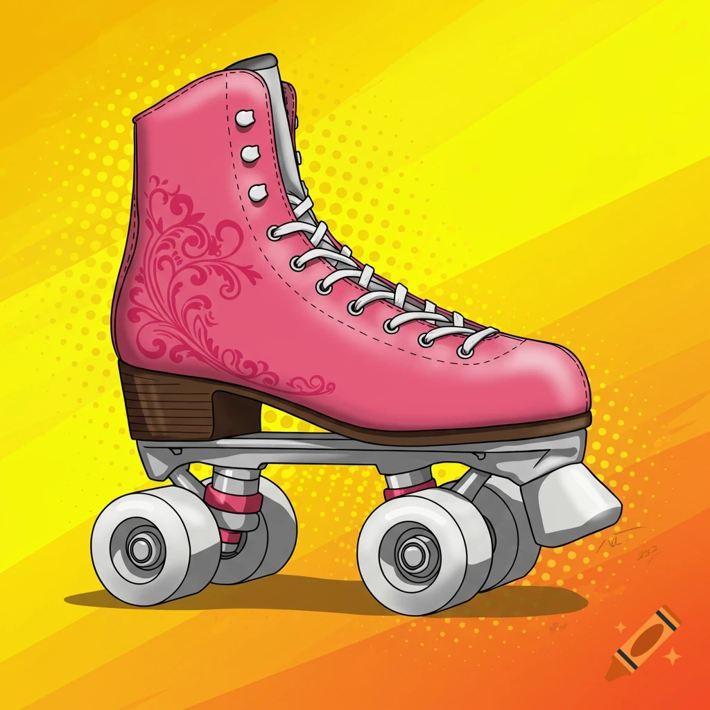 A pink roller skate with ornate decoration against a yellow and orange pop art background.