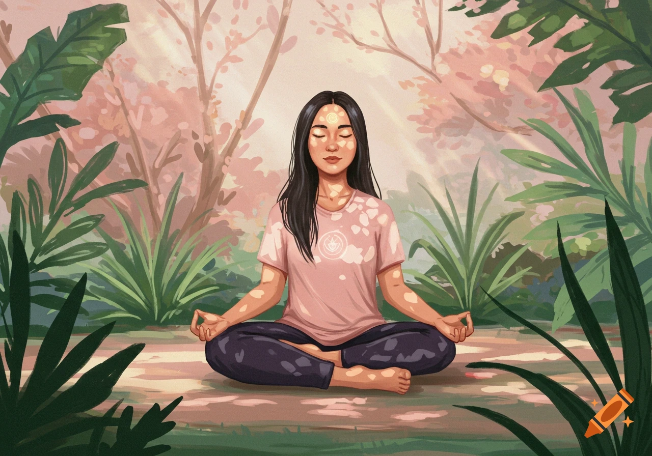 Illustration of a person meditating cross-legged in a peaceful, sunlit ...