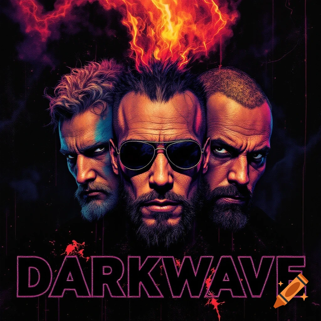 Dark, dramatic album cover art featuring three intense men with fire and the word DARKWAVE.