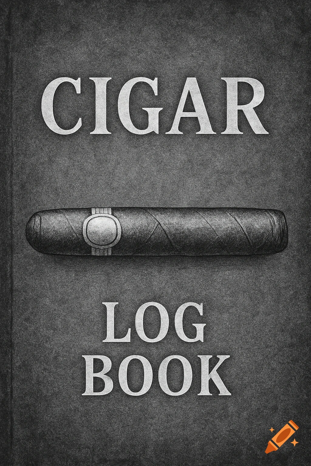 Black and white illustration of a cigar centered on a textured background, with the words CIGAR and LOG BOOK above and below it.