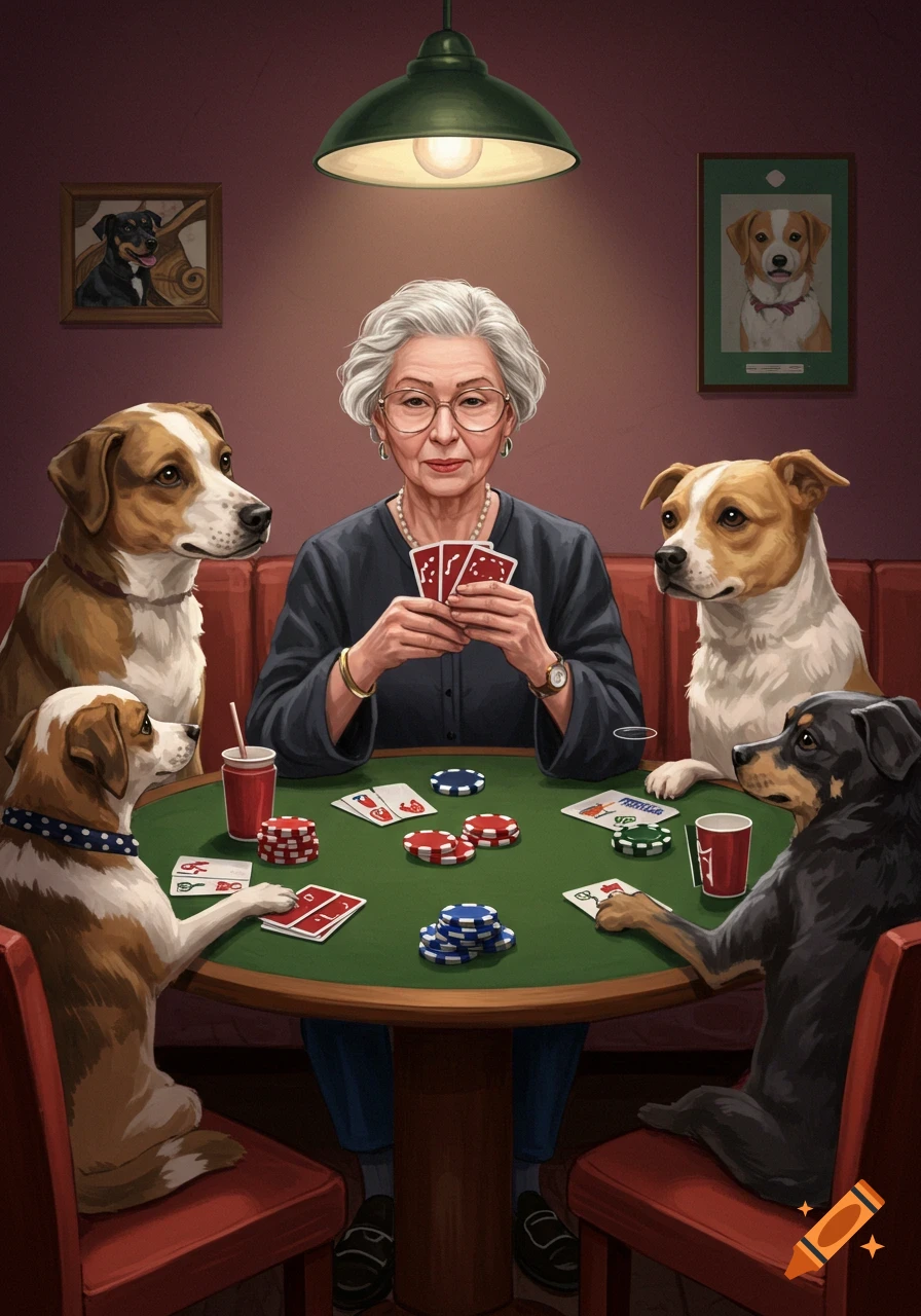 An older woman and four dogs play poker around a green table.