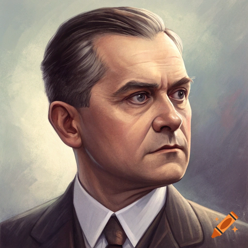 A painted portrait of a man in a suit looking right.