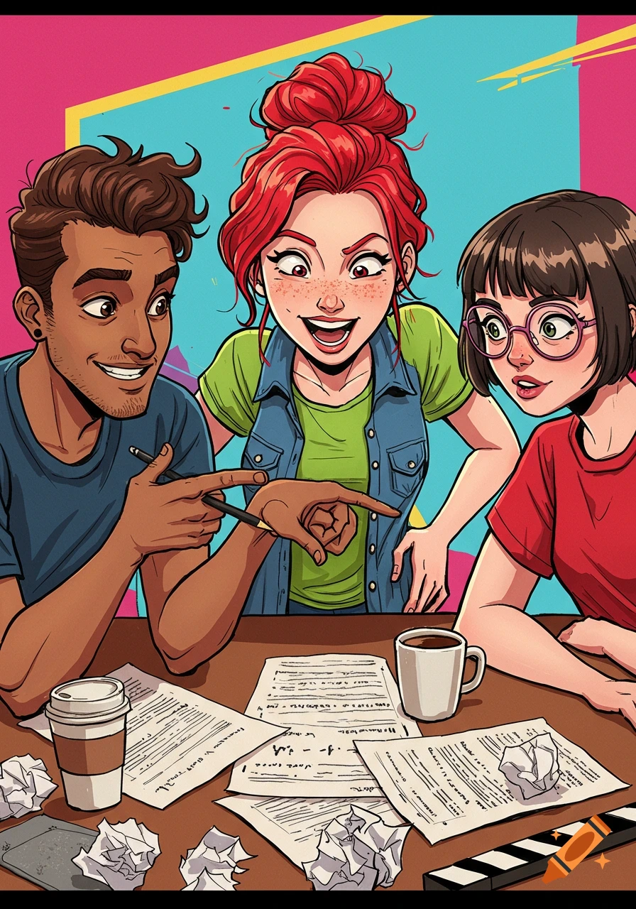 Three young cartoon characters discussing papers and pointing at a table.