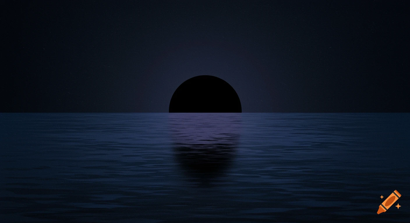 A minimalist black setting sun reflects on a dark blue sea under a dark sky.