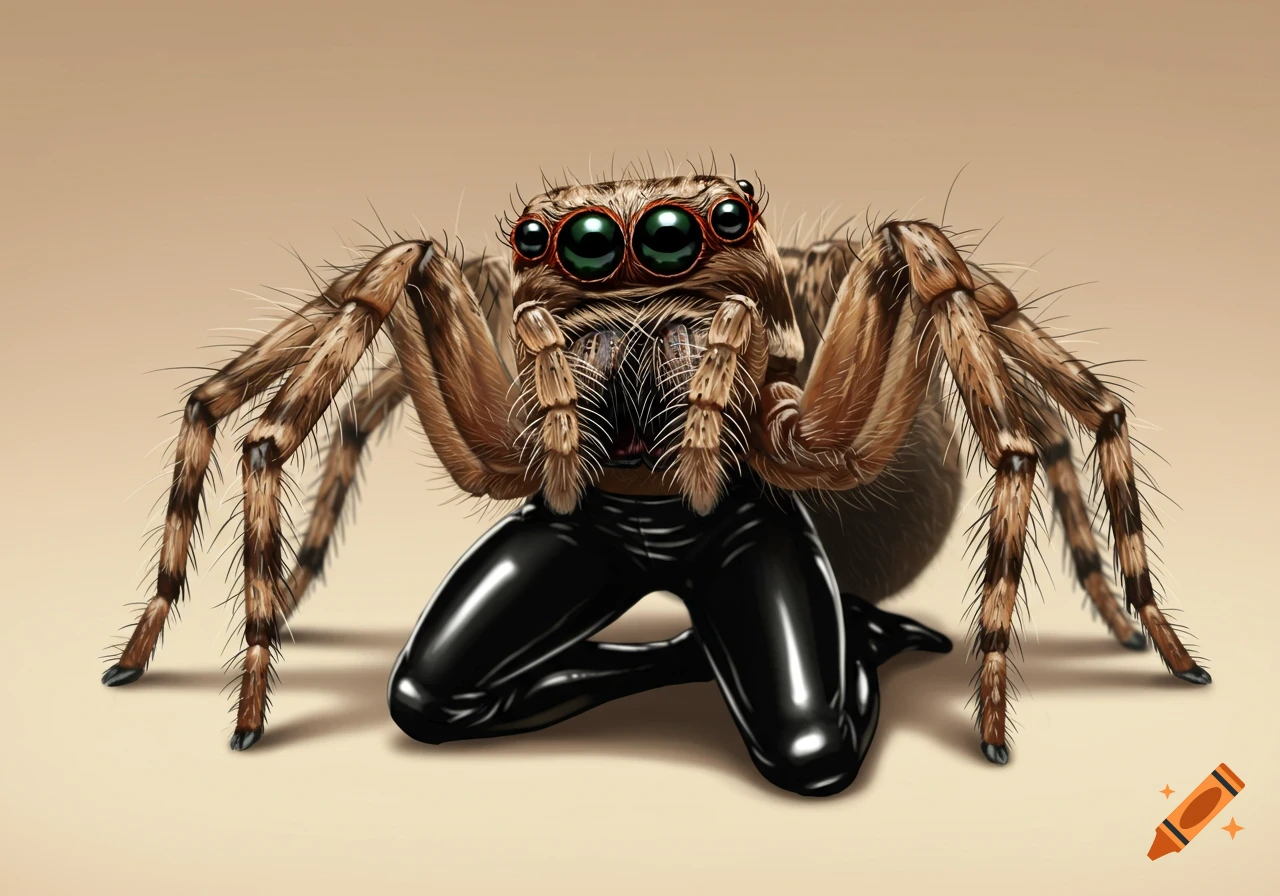 A detailed illustration of a jumping spider wearing shiny black leather pants, posing.