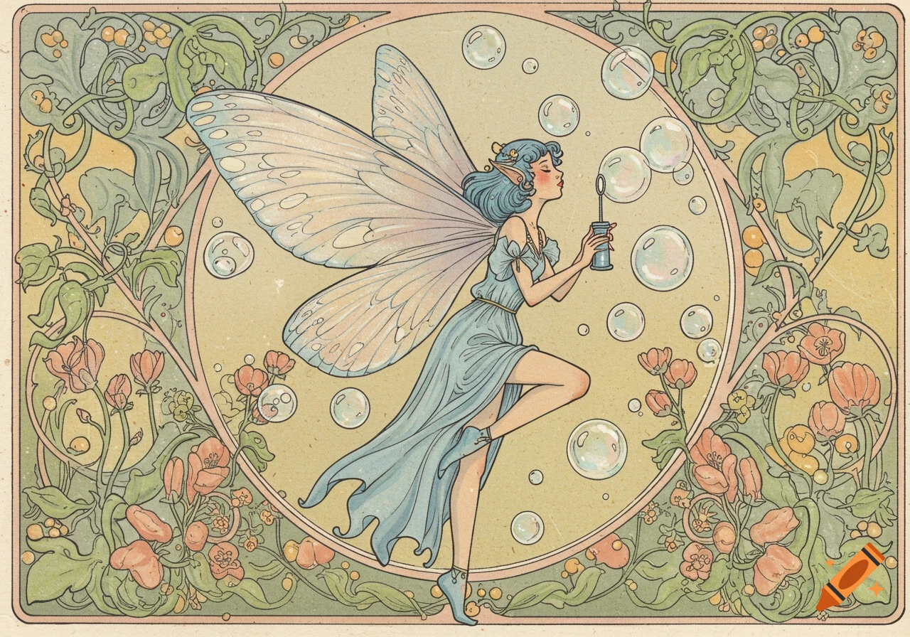 Art Nouveau illustration of a blue fairy blowing bubbles among flowers.
