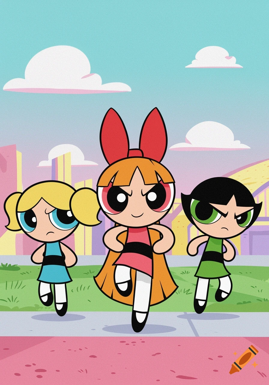 The Powerpuff Girls Blossom, Bubbles, and Buttercup walking forward in cartoon style.