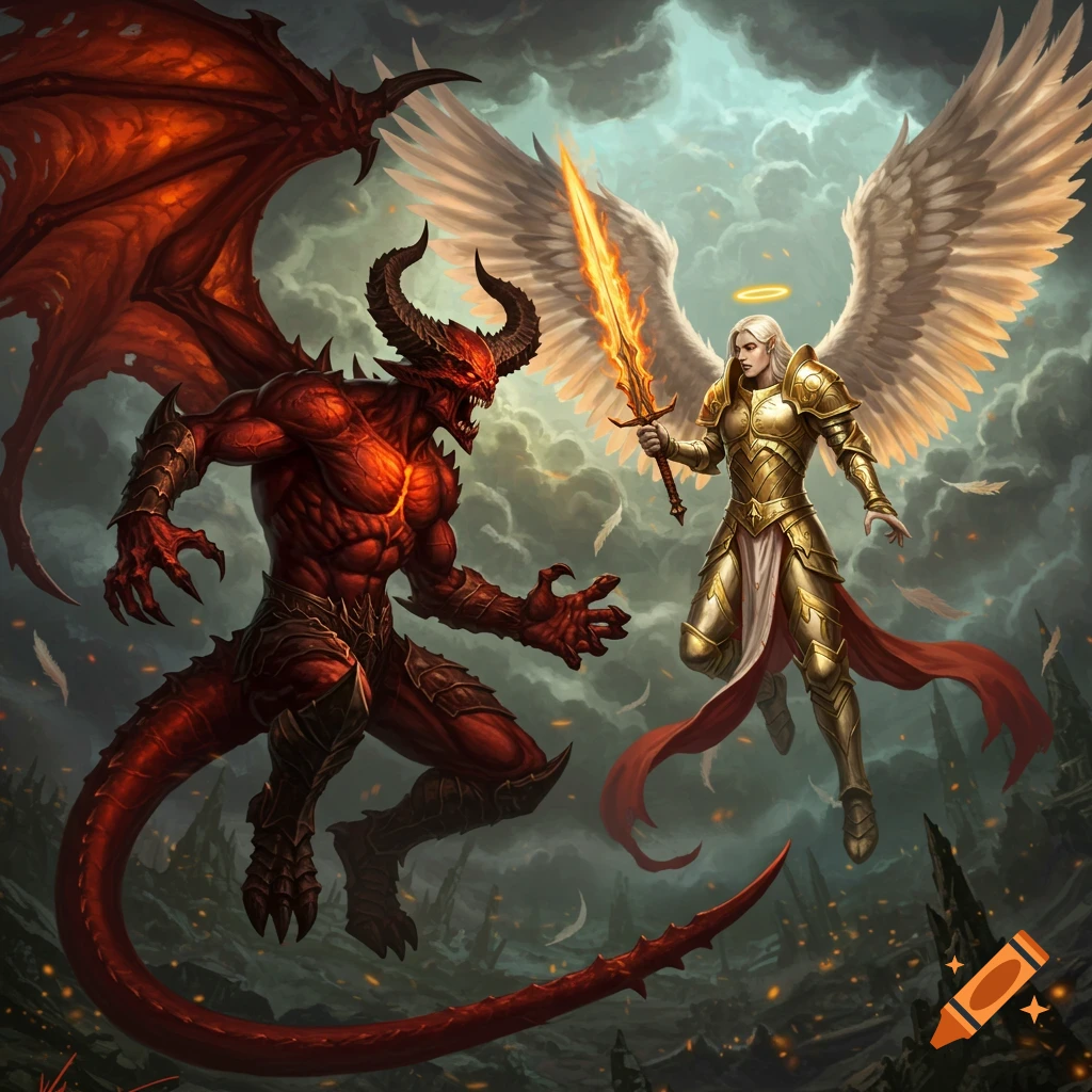 A red demon fights a golden-armored angel with a flaming sword in a ruined city under stormy skies.