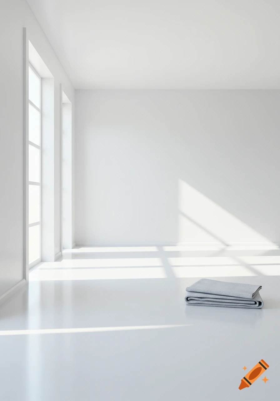 A minimalist white room with sunlight streaming through windows and a folded towel on the floor.