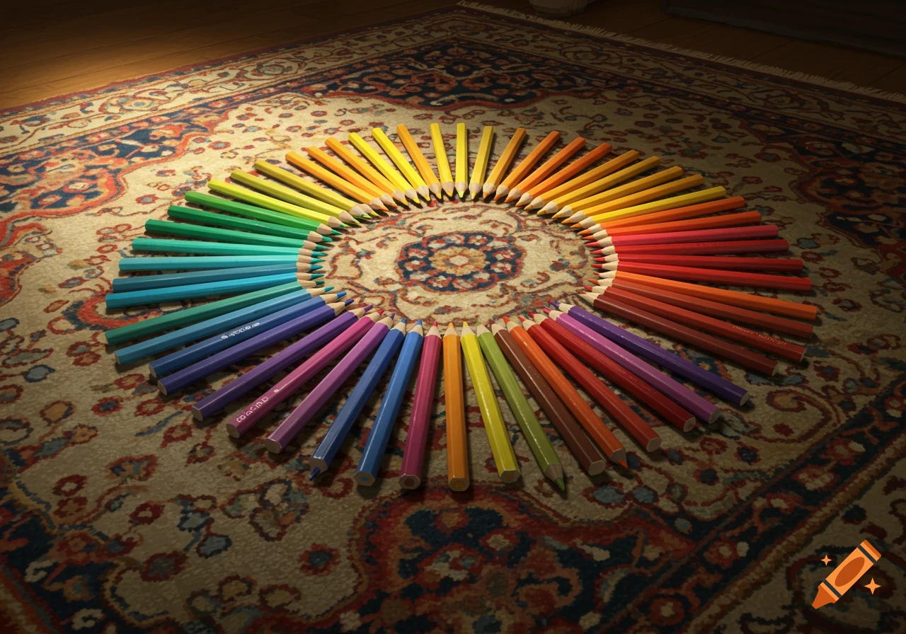 Colored pencils arranged in a color wheel on a patterned rug