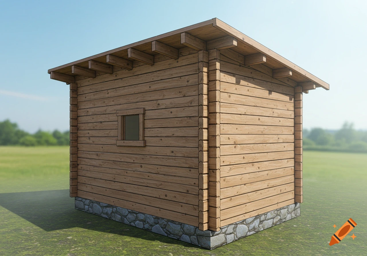 A wooden shed with a stone foundation stands in a grassy field under a clear sky. Render style.