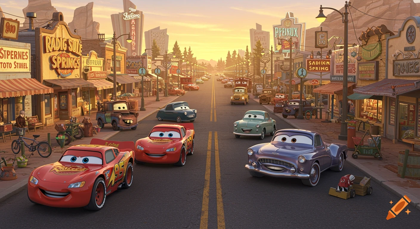 Lightning McQueen, Mater, and other animated cars drive down a desert town street at sunset, Pixar animation style.