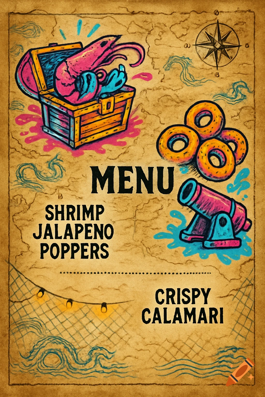 Stylized menu with treasure map background, illustrations of shrimp in treasure chest, calamari rings, cannon, and menu text.