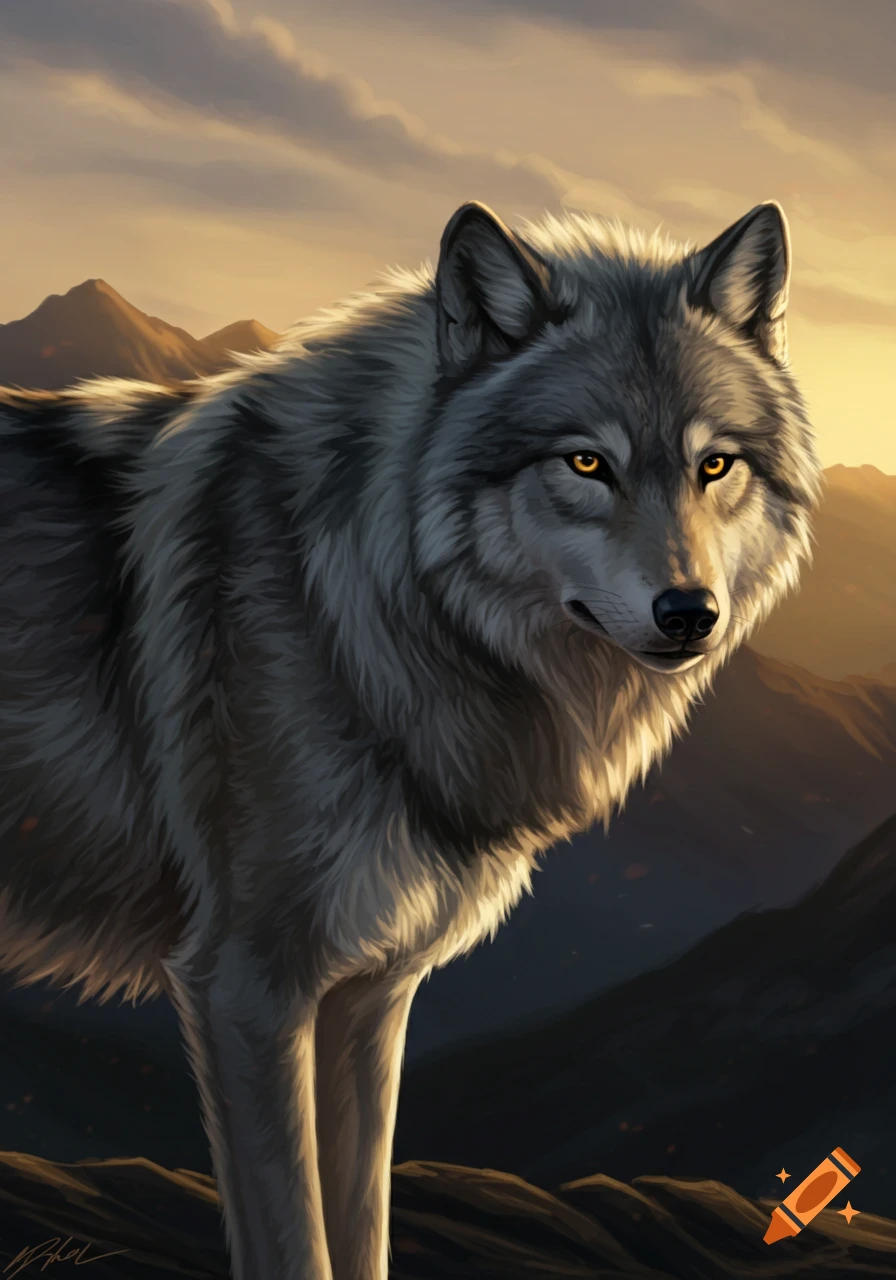 Illustration of a gray wolf standing in a mountain landscape at sunset
