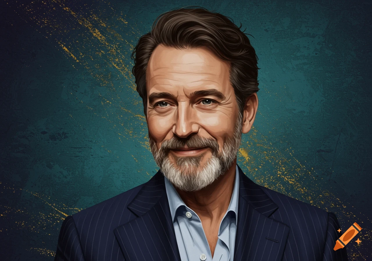 Smiling man with beard and mustache in a dark pinstripe suit and blue shirt, against a textured teal background.