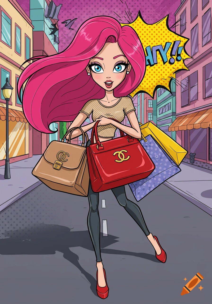 Cartoon woman with pink hair carrying shopping bags on a street in a pop art style.