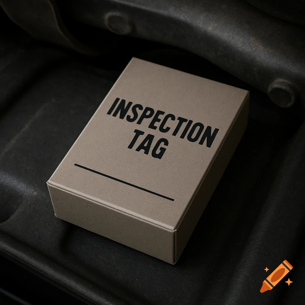 Close-up photo of a small box labeled 'INSPECTION TAG' on a dark car underbody surface.