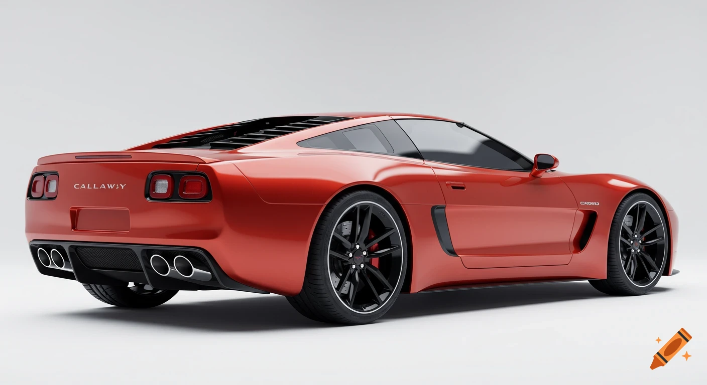 A red custom coupe car is shown from a low angle in a studio with a white background.