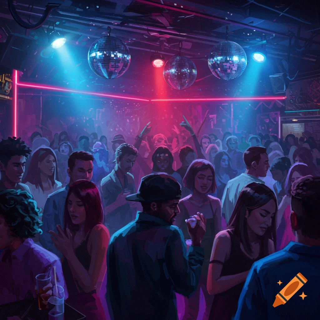 Crowded nightclub party scene with people dancing under disco balls and neon lights in red and blue hues.