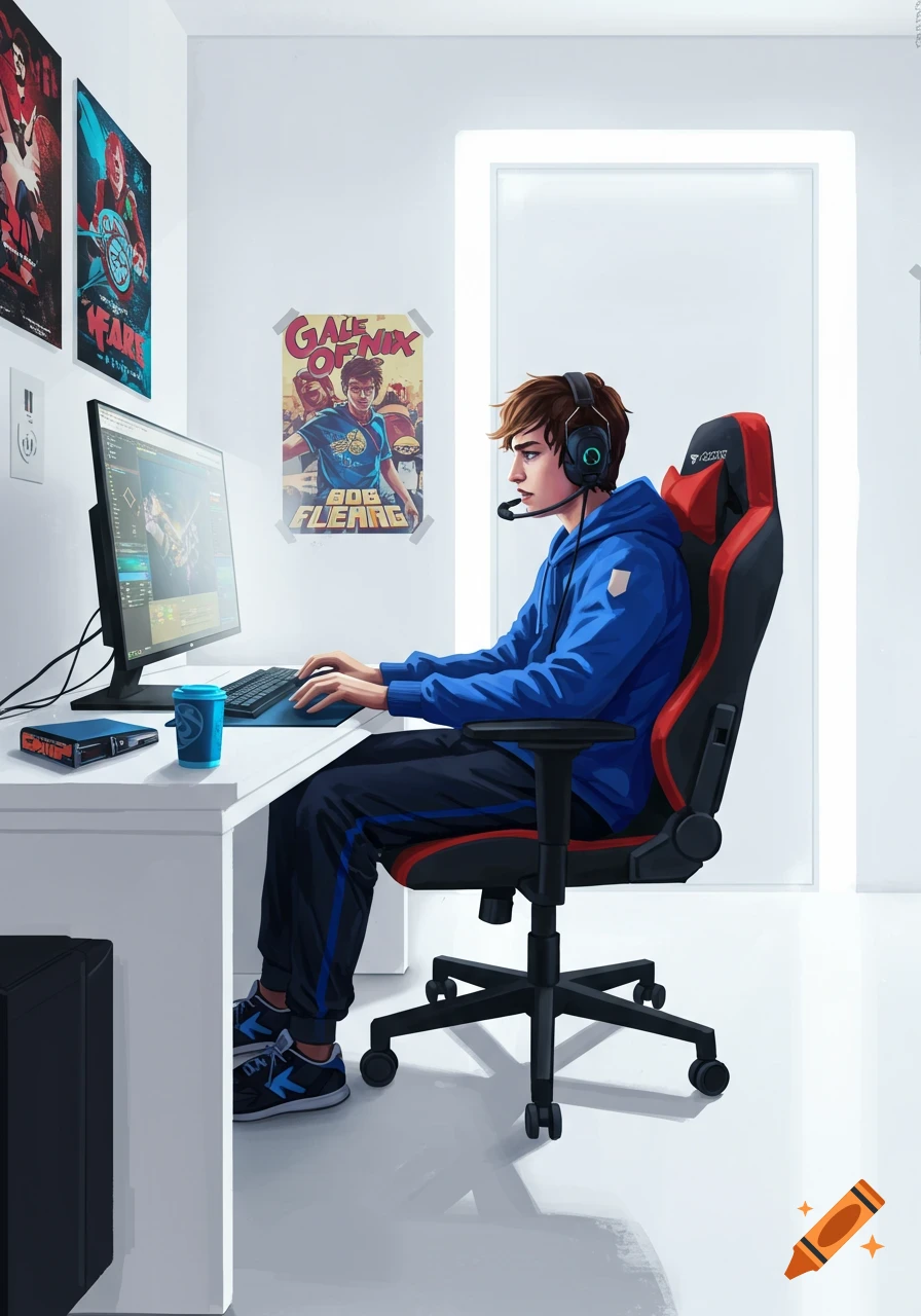 A young man in a blue hoodie and headphones sits at a desk in a white room, typing on a keyboard while gaming on a computer.