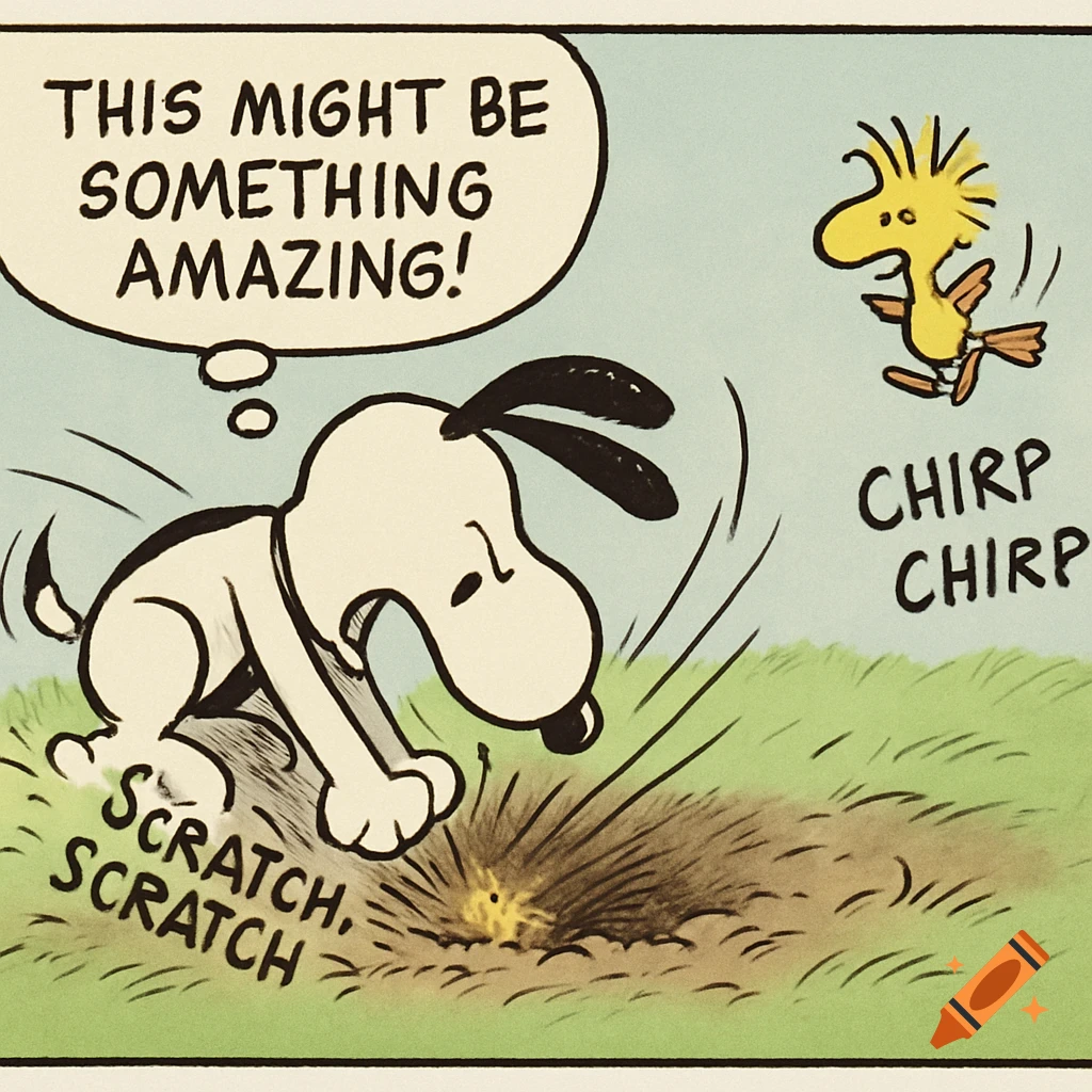 Snoopy digs in the ground while Woodstock watches. Text reads: "This might be something amazing!" and "Scratch, scratch."
