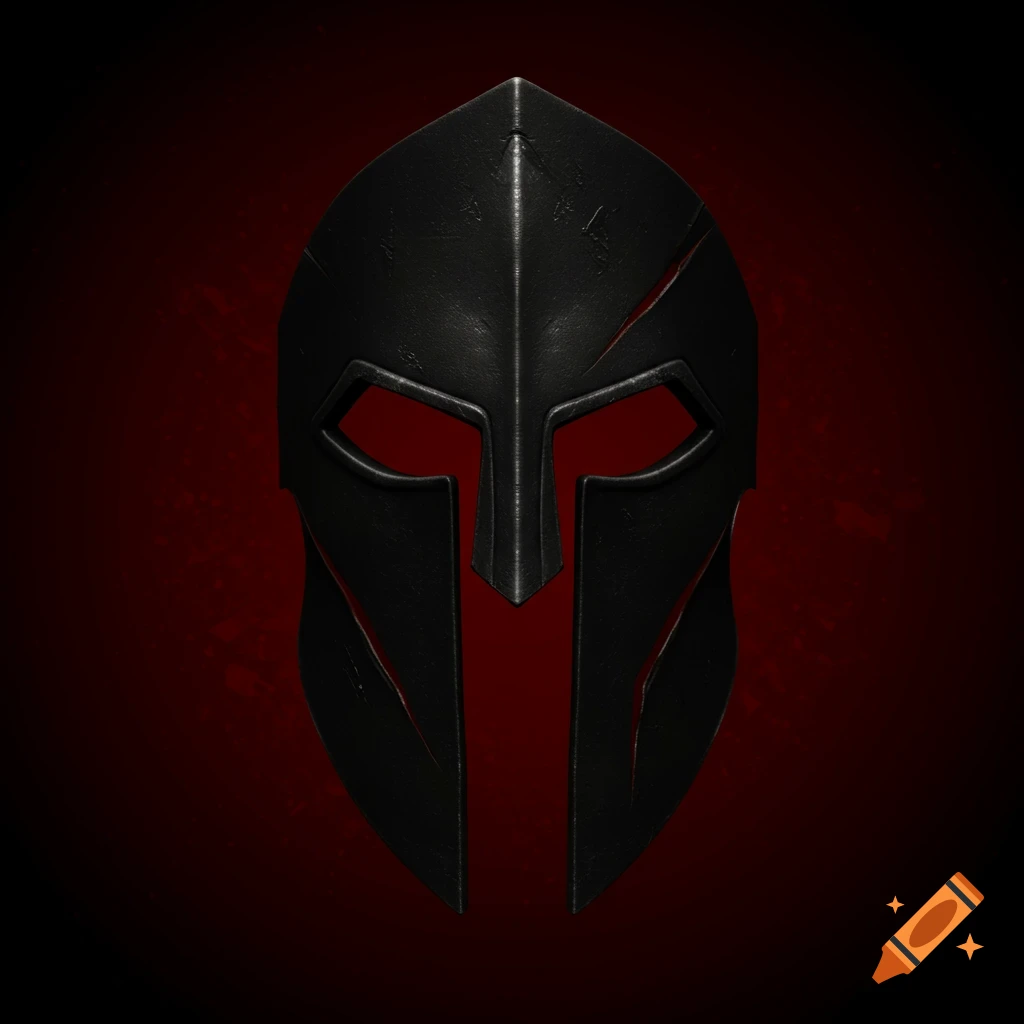 A 2D black Spartan mask with scratches on a dark red background.