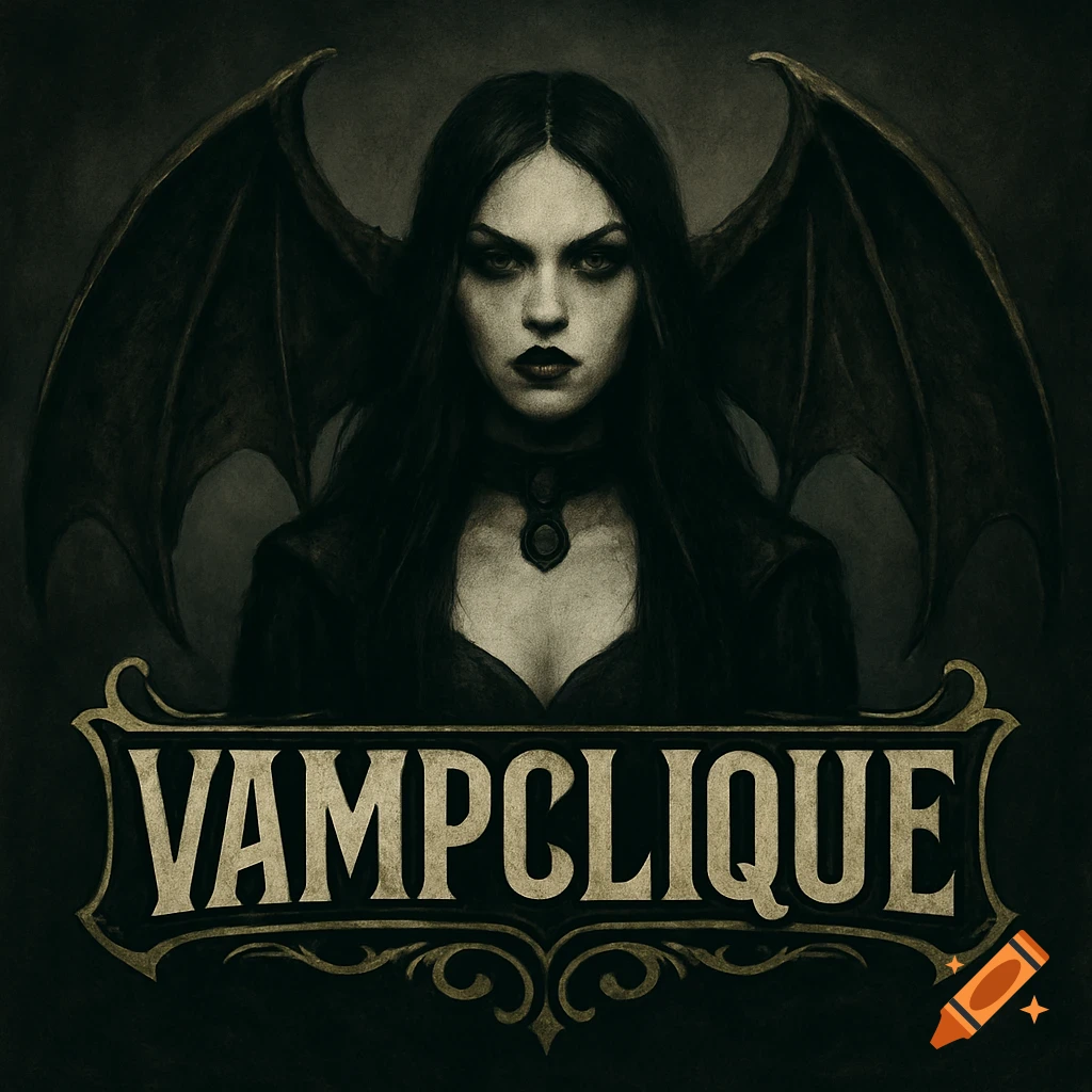 Gothic woman with bat wings above a logo that says VAMPCLIQUE