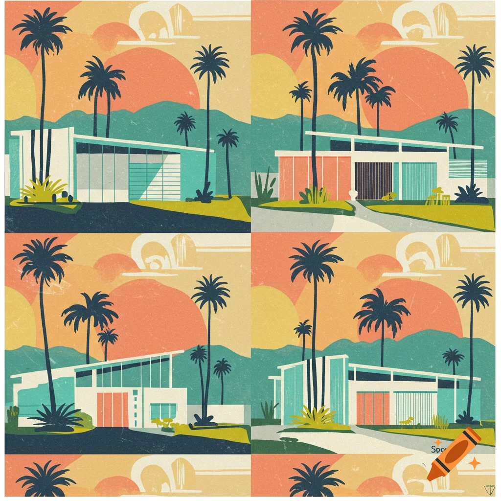 Stylized repeat pattern of mid-century modern houses, palm trees, and landscape.