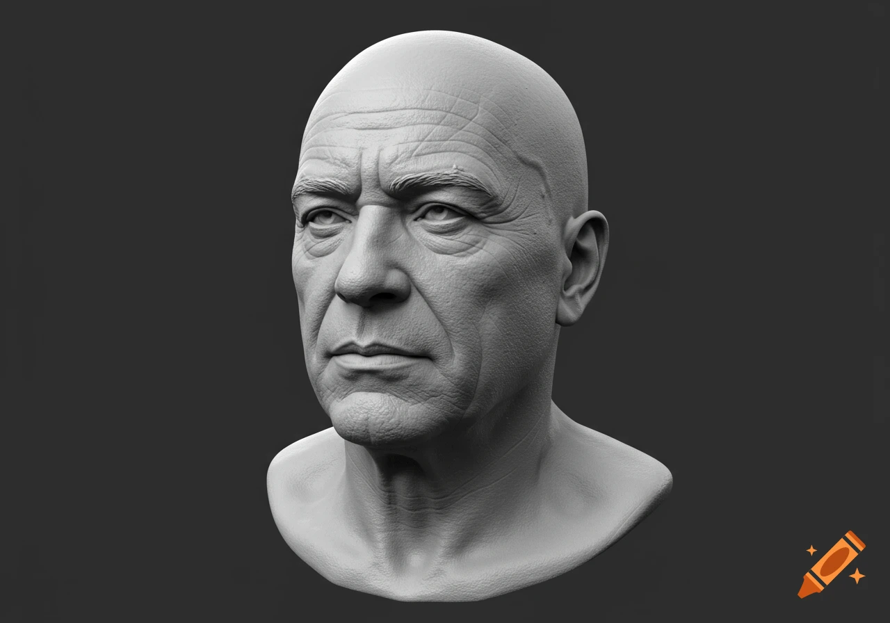 Grayscale digital sculpture bust of an older man.
