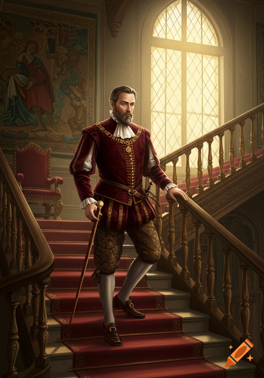 Noble man in historical clothing descends a grand staircase with red carpet, holding a cane.