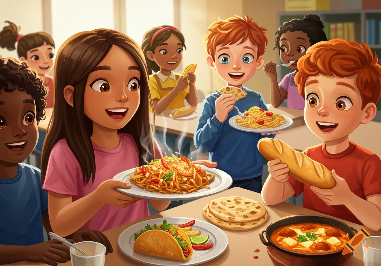 Diverse kids enjoy spaghetti, tacos, bread, and stew at a school lunch table in a bright illustration.