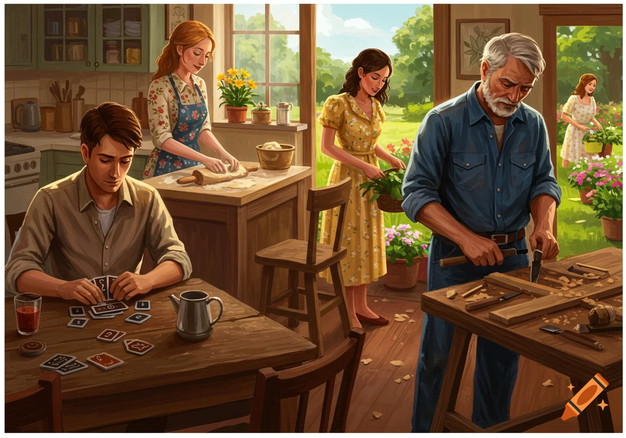 A man plays cards, a woman bakes, a woman gardens, and a man does carpentry in a home setting.