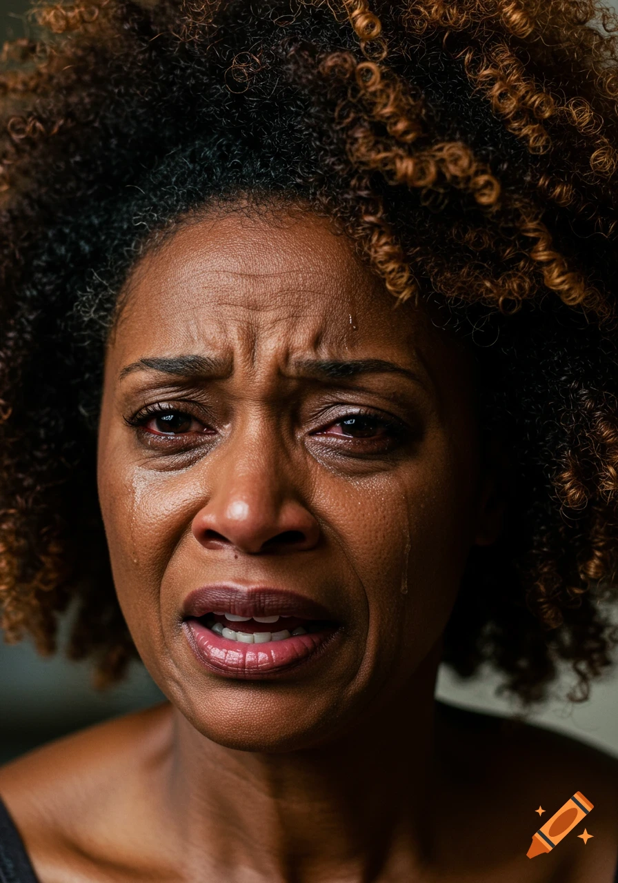 Close-up portrait of a Black woman with curly hair crying