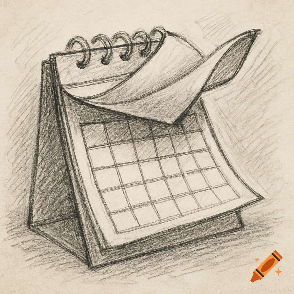 Pencil sketch of a desk calendar with a page flipping over.