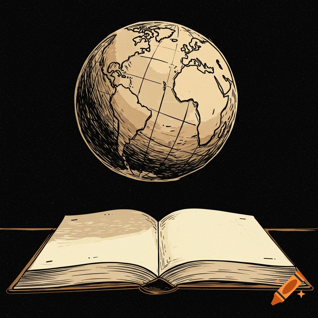 A sketch of a globe hovering above an open book.