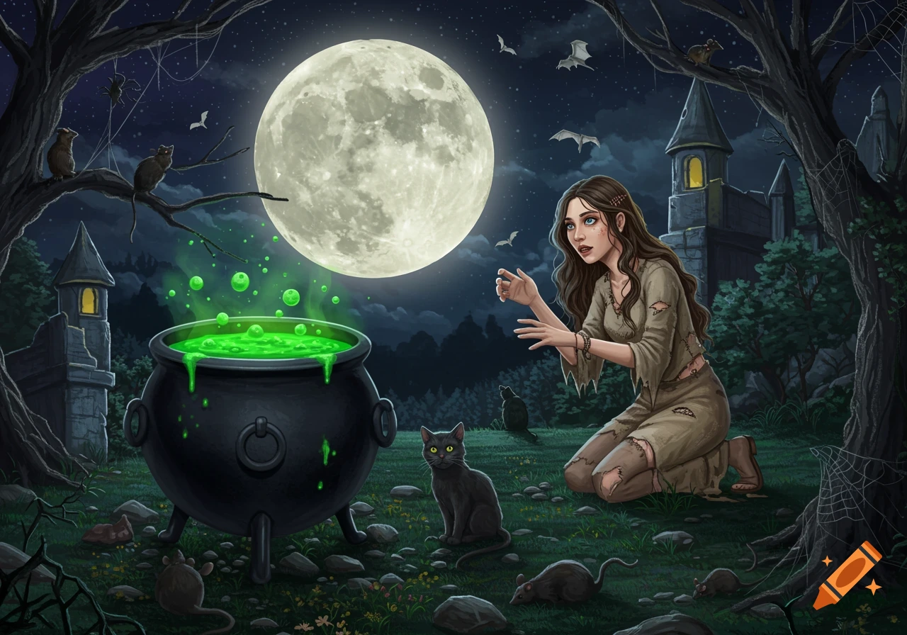 A young witch with a bubbling cauldron, black cat, rats, and bats under a full moon by a castle in a dark forest.