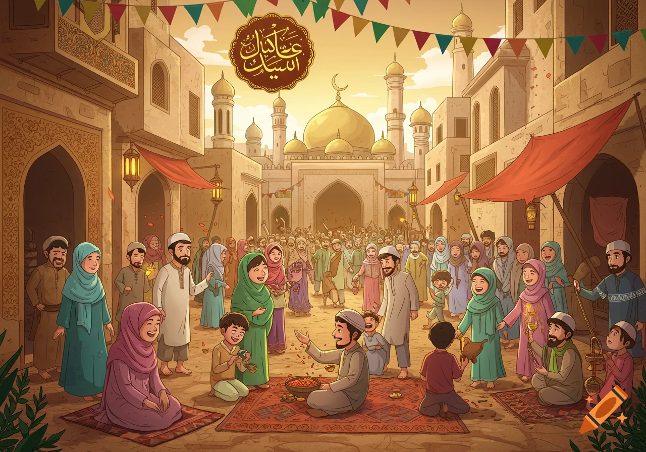 Illustration of people celebrating Eid in a town square with a mosque in the background.