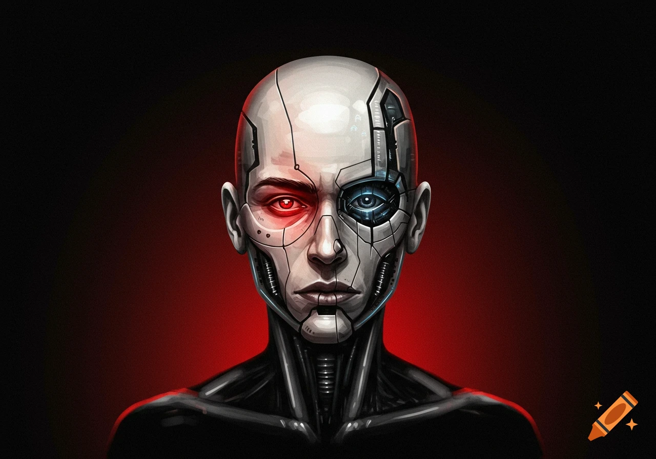 Illustration of a cyborg person with red and blue eyes and exposed robotic parts on their face and neck.