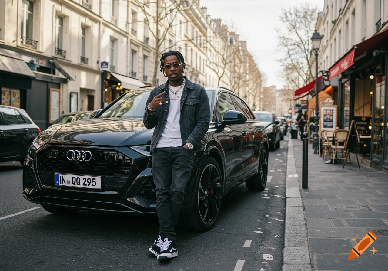 Rapper stands next to a black Audi SUV on a city street.