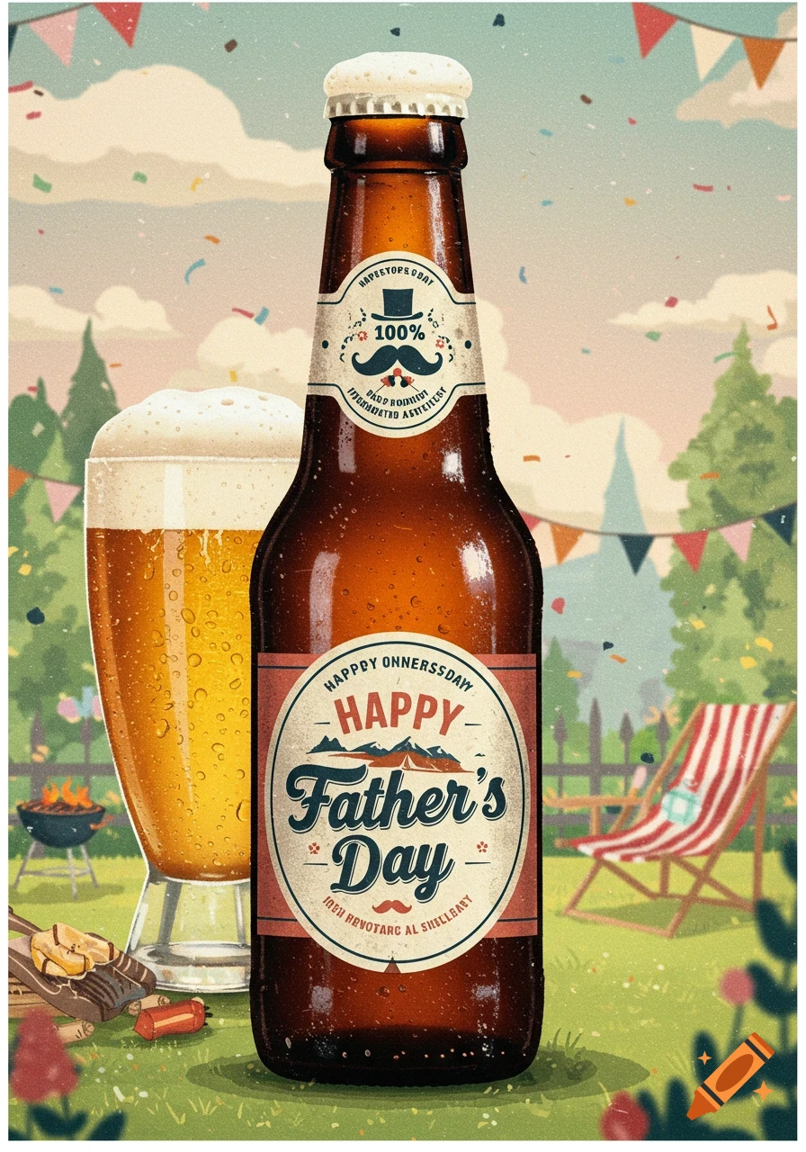 A stylized illustration of a beer bottle with a "Happy Father's Day" label next to a glass of beer in a backyard party setting.