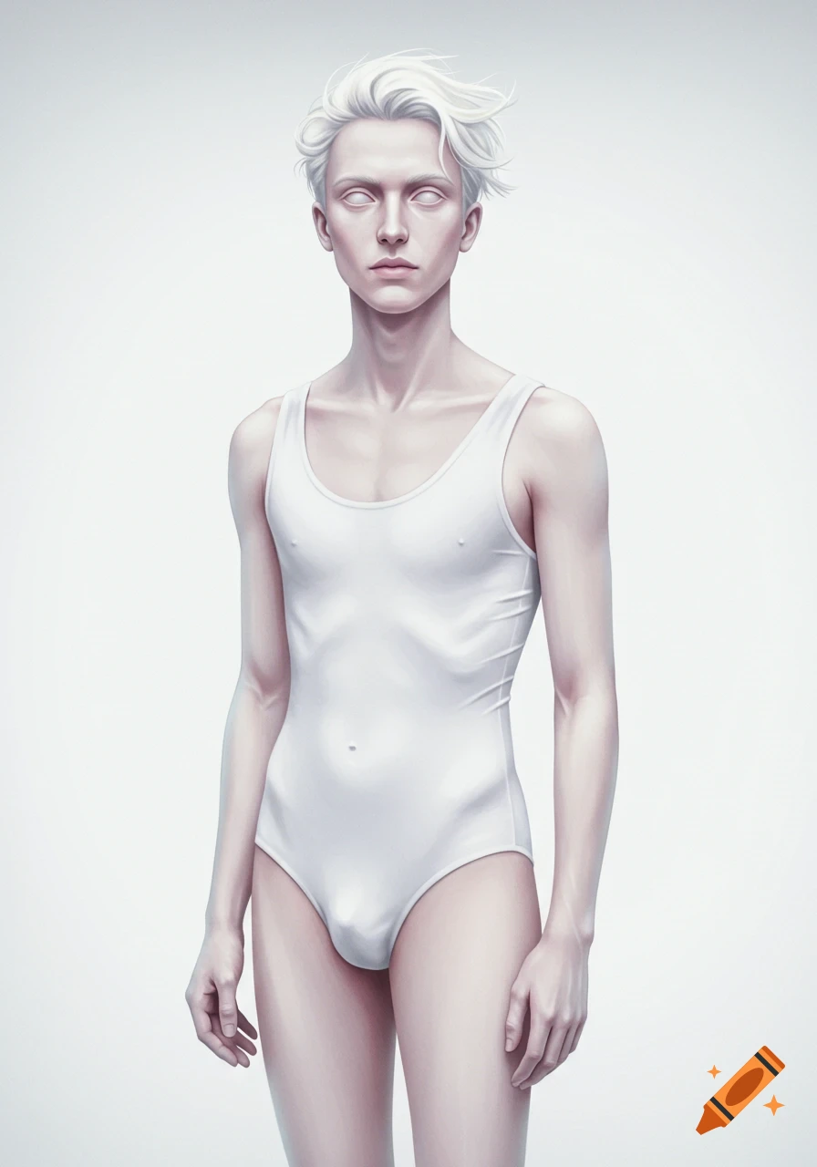 A man with white hair and skin in a white bodysuit standing against a white background.
